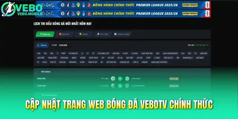 Cập nhật trang web bóng đá Vebotv chính thức