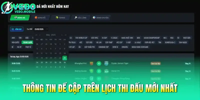 Thông tin đề cập trên lịch thi đấu mới nhất